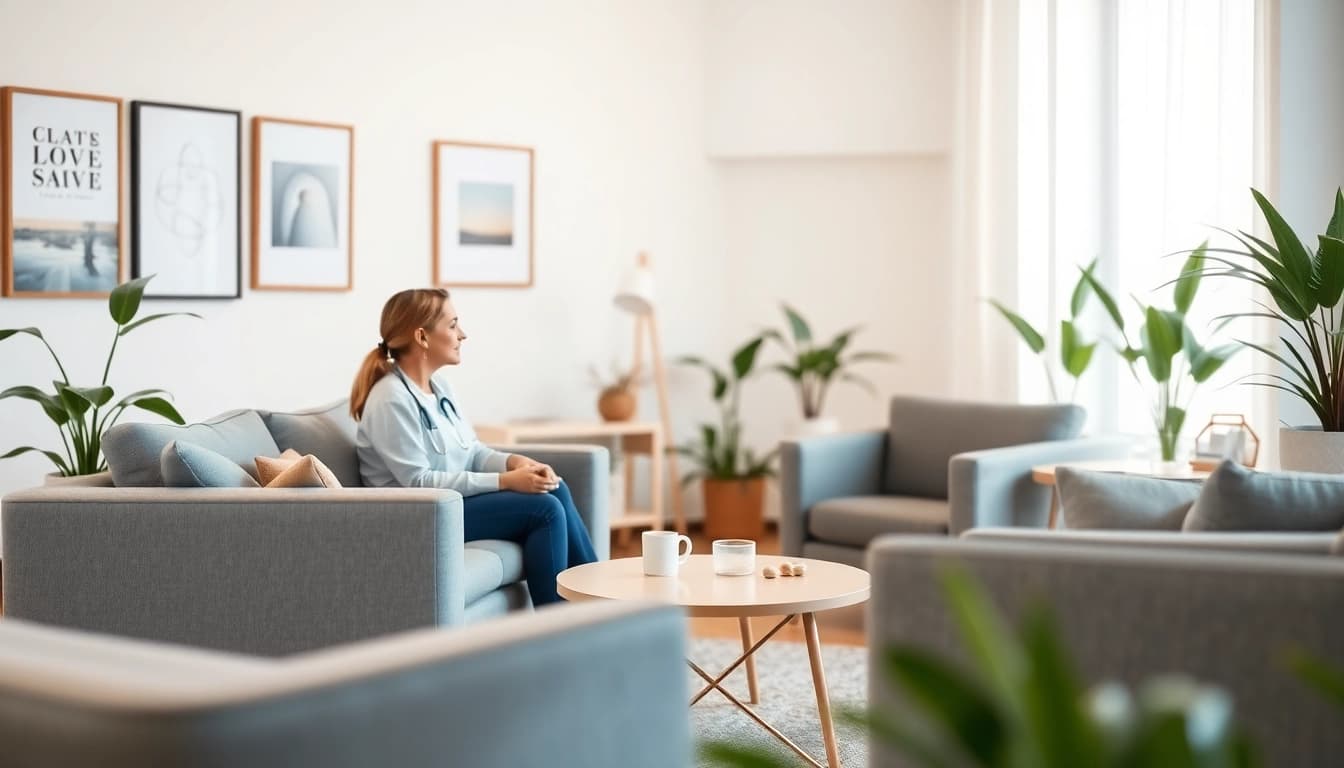Engage in trauma therapy with a therapist and client in a calming environment.