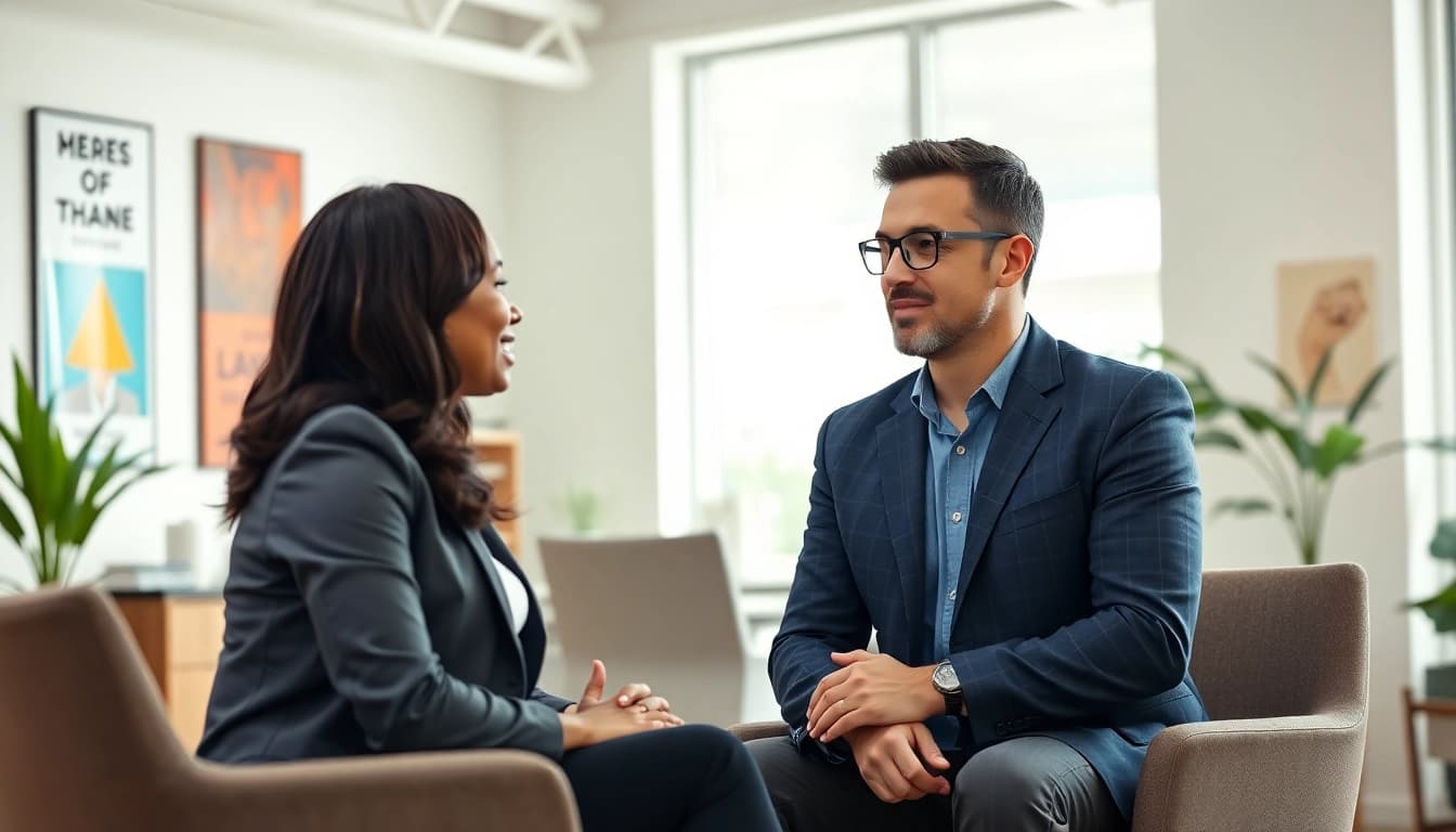 Engaging Career Coaching session in a modern office highlighting professional interaction.