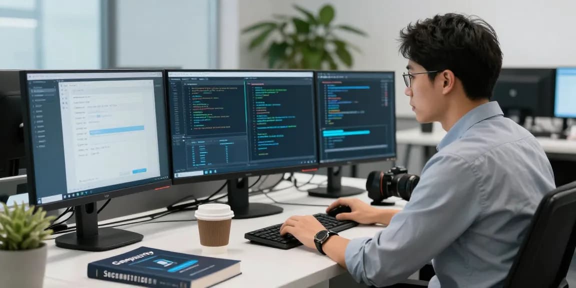 레플리카 관련 보안 검사를 진행 중인 전문가의 모습이 담긴 현대적인 작업 공간입니다.