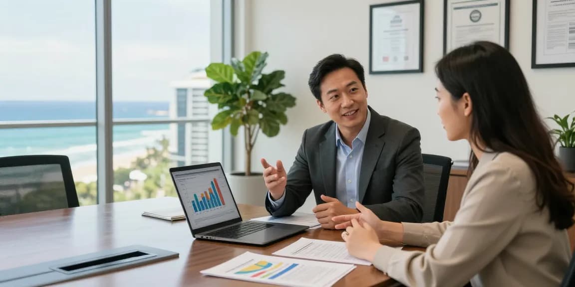 Wealth management consultation in Gold Coast Queensland Australia, advisor helping clients achieve financial goals.