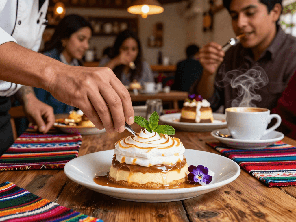 Enjoying the best suspiro a la limena near me, beautifully plated dessert in a cozy café