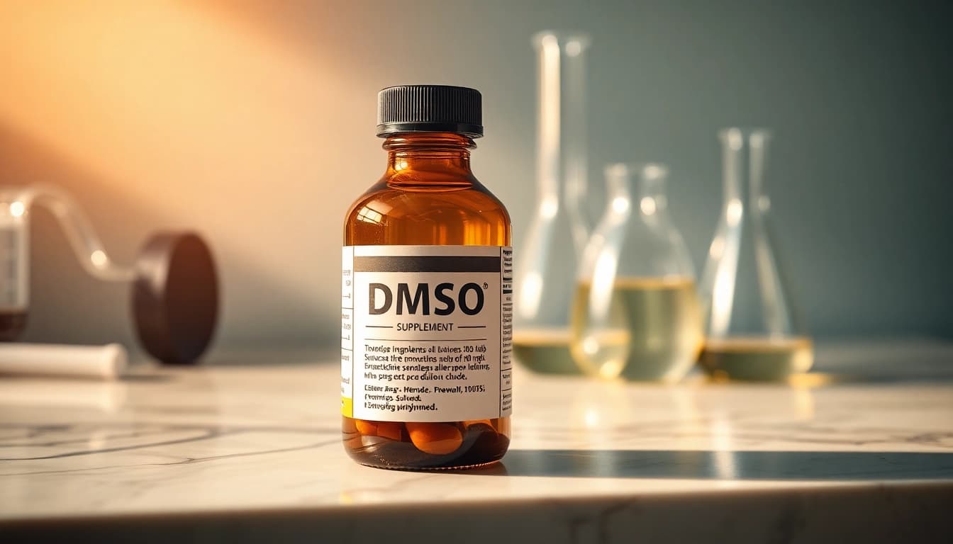DMSO supplement bottle displayed attractively with warm lighting and scientific props.