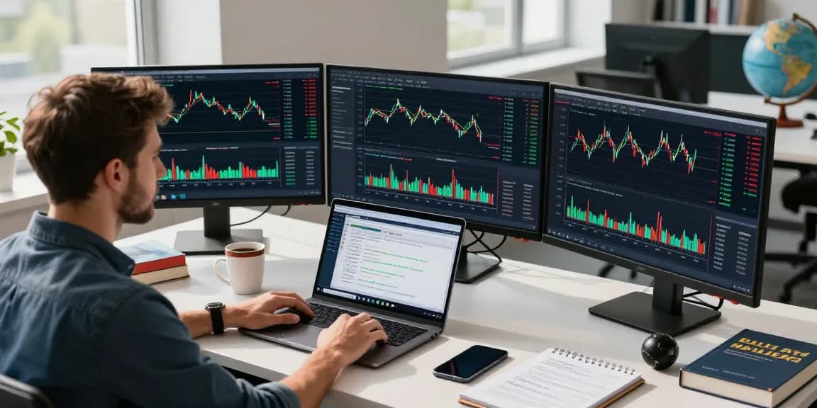 Trader using mt4 software on multiple monitors in modern workspace, analyzing Forex charts and strategies.