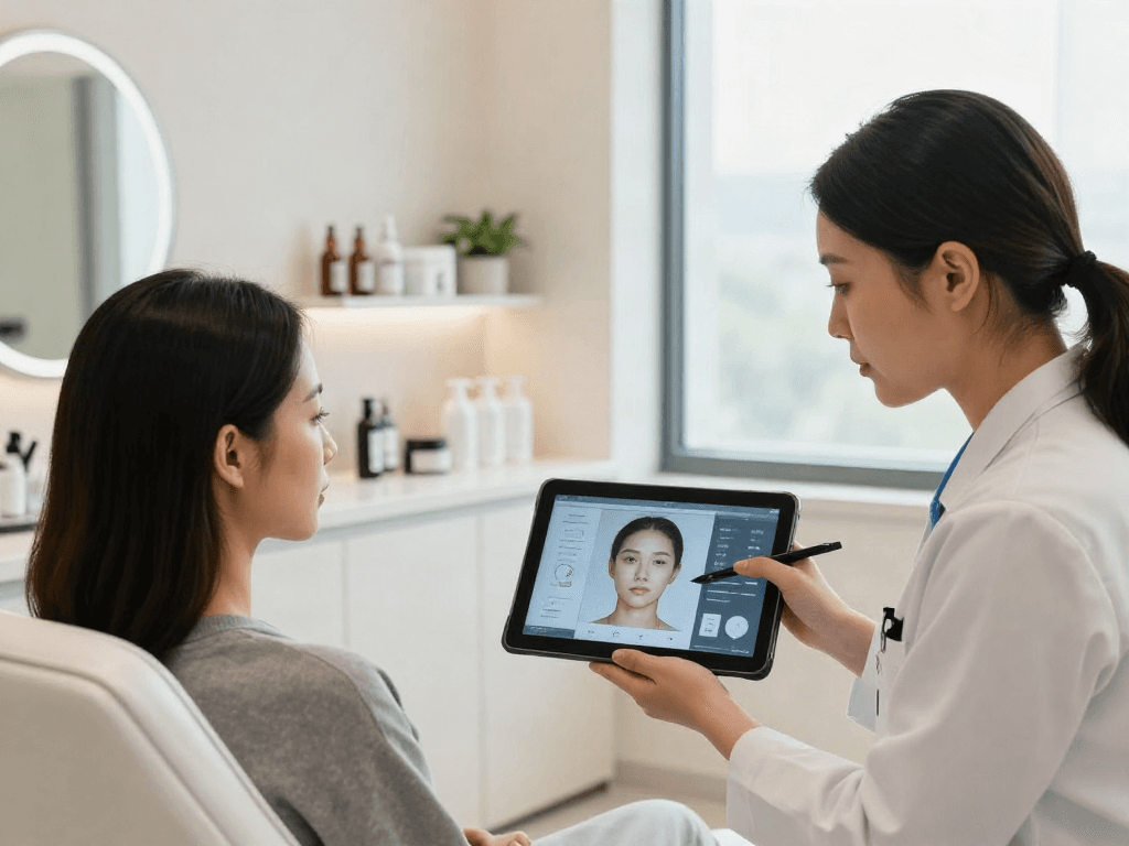 ClinicEvo vs QOVES facial analysis consultation in a modern clinic.