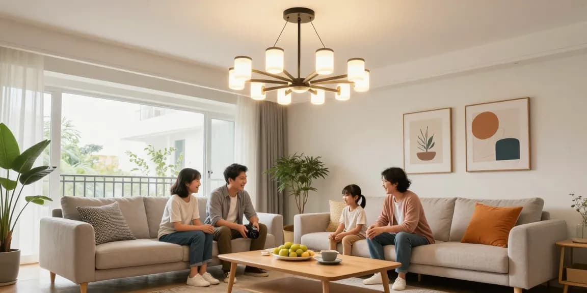 Lustra LED elegantă iluminând un living modern, cu familie adunată.