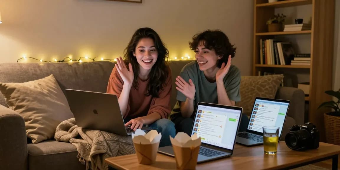 Friends enjoying a cozy evening sex chat on laptops in a warm ambiance.