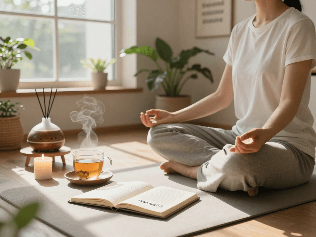 A peaceful meditation scene with the keyword mantra88 showcased on an open journal, evoking mindfulness in a cozy home.