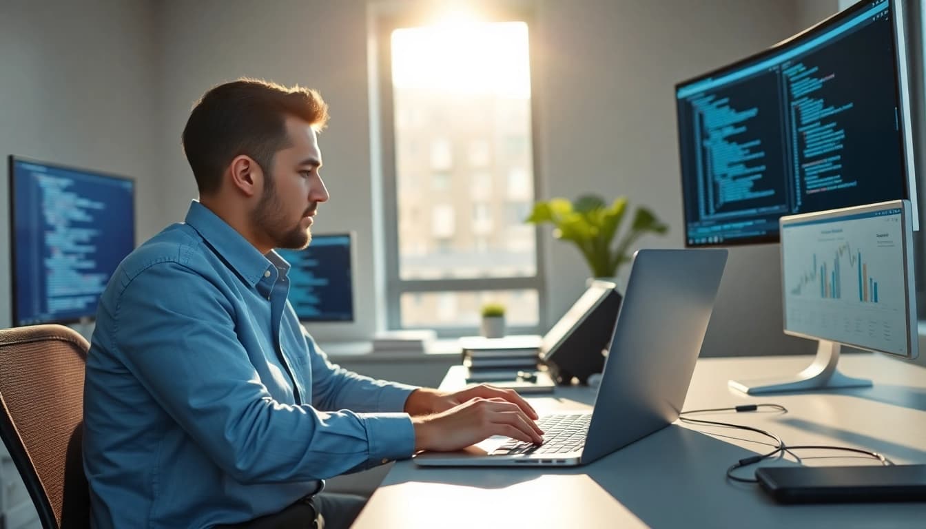Web developer engaged in Headless Shopify development with dual screens showcasing code and design.