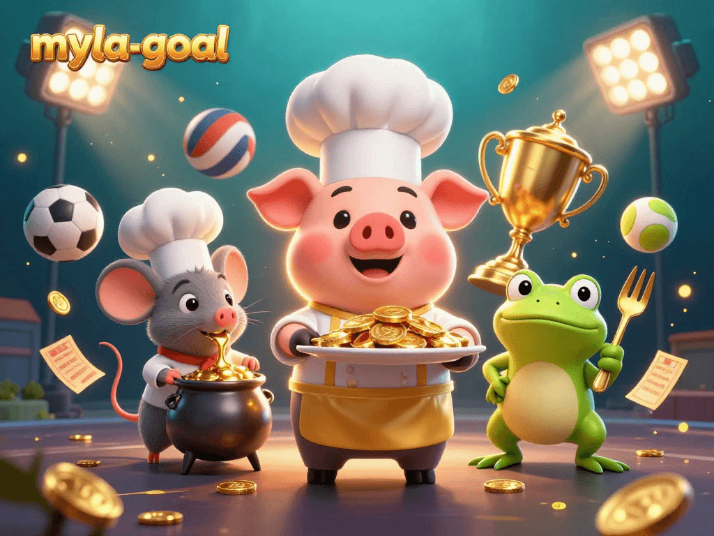 Experience the excitement of myla-goal with a vibrant visual showcasing gold coins, sports elements, and dynamic actions.