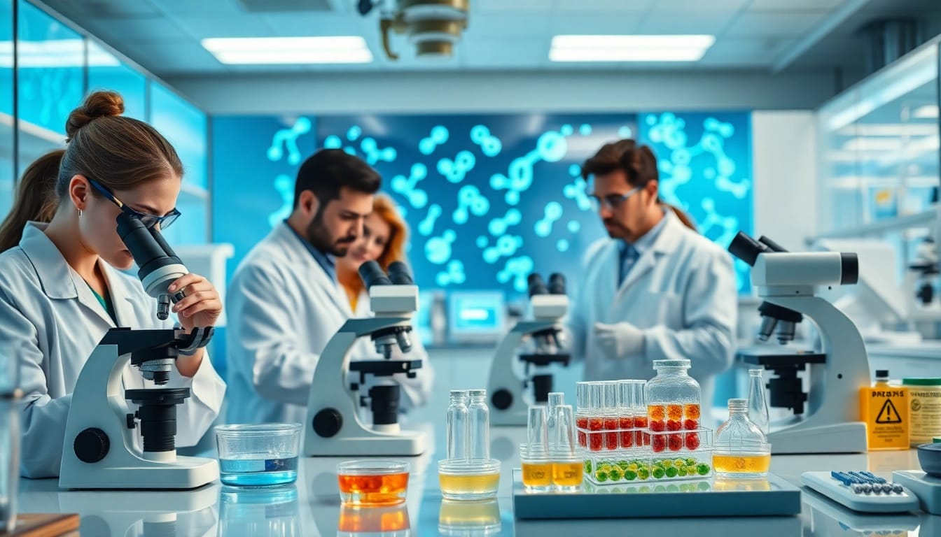 Research scientists examining atomiklabz peptides in a modern lab setting