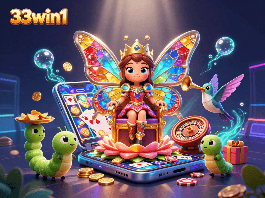 Immerse in 33win1's vibrant world with a butterfly queen and dynamic casino elements.