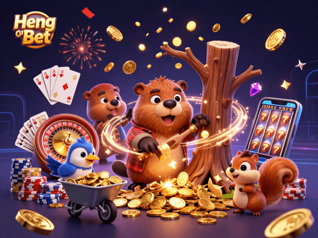 Experience gaming excitement with Heng Ong Bet as a beaver collects coins amidst dazzling casino elements.