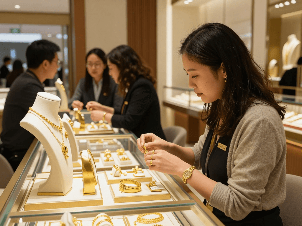 mantra88 showcases stunning 24K gold jewelry in an inviting store, highlighting luxurious customer experiences.