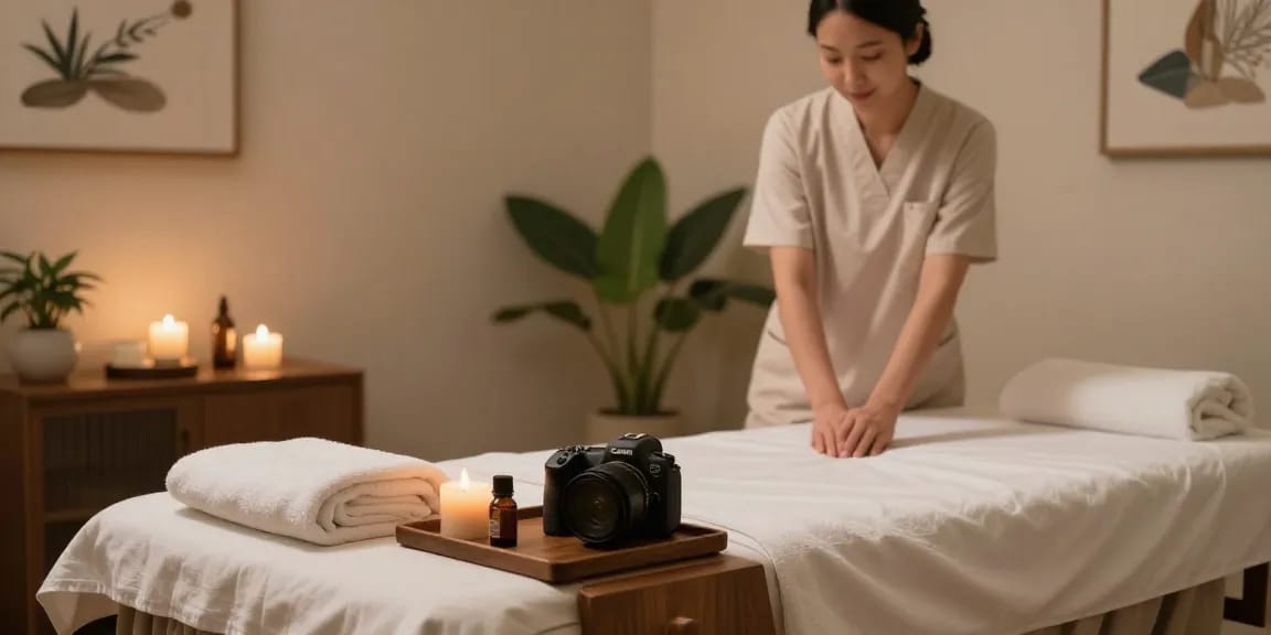 마사지 치료를 준비하는 테라피스트와 아늑한 스파 공간