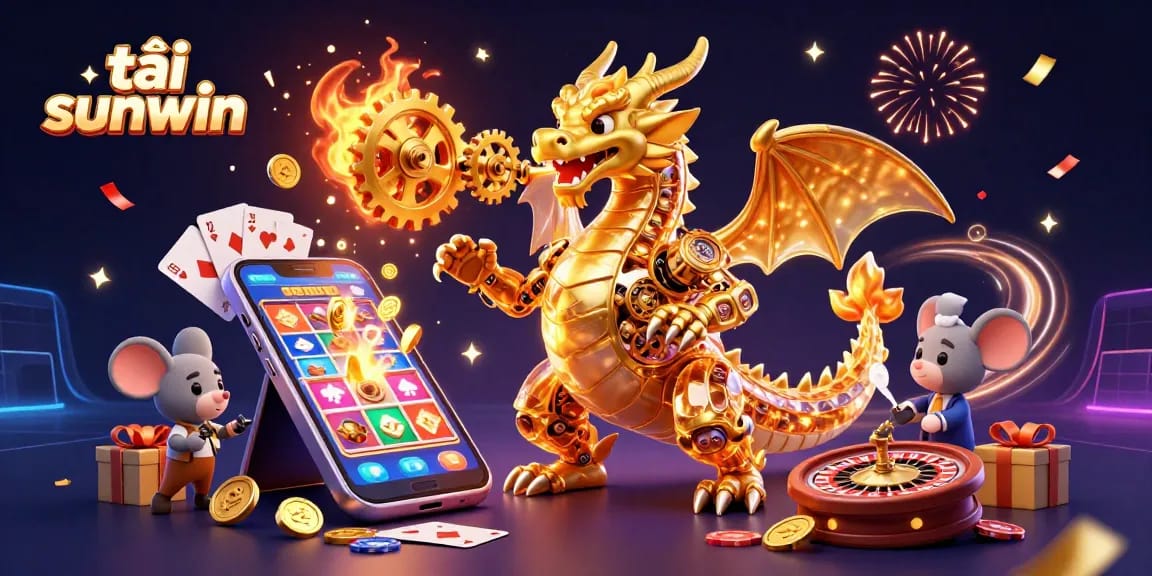 Engage with tải sunwin by exploring a vibrant scene with a golden dragon, slots, playing cards, and roulette.