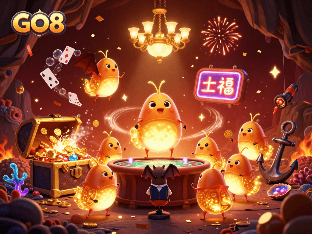 Experience thrilling games at GO8's vibrant casino, glowing with excitement and treasures.