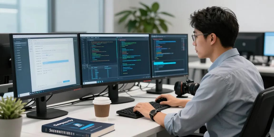 레플리카 관련 보안 검사를 진행 중인 전문가의 모습이 담긴 현대적인 작업 공간입니다.