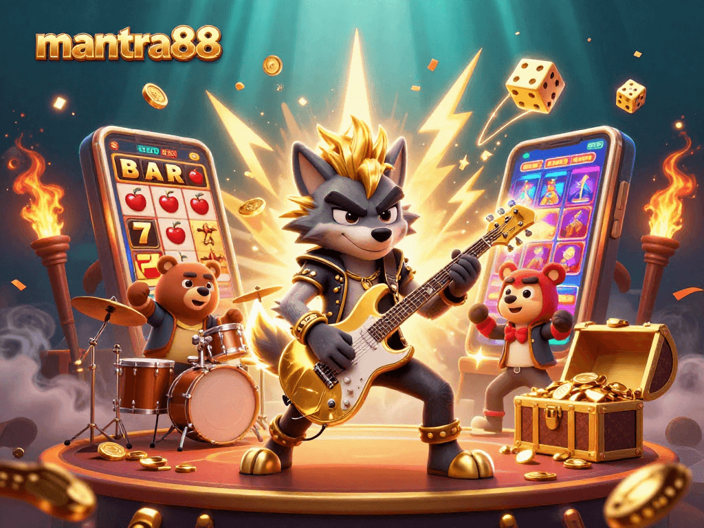 Experience mantra88 with a vibrant 3D casino scene featuring slot machines and rock star characters.