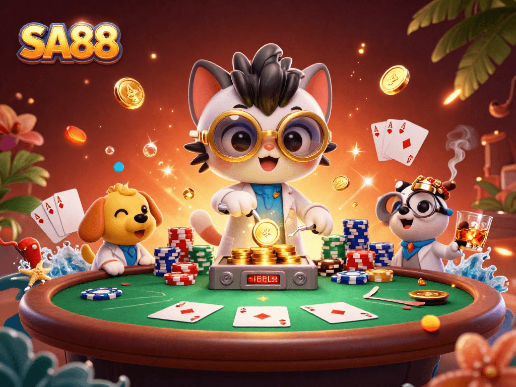 Experience SA88's vibrant casino world with cartoon characters creating gold coins at a poker table.