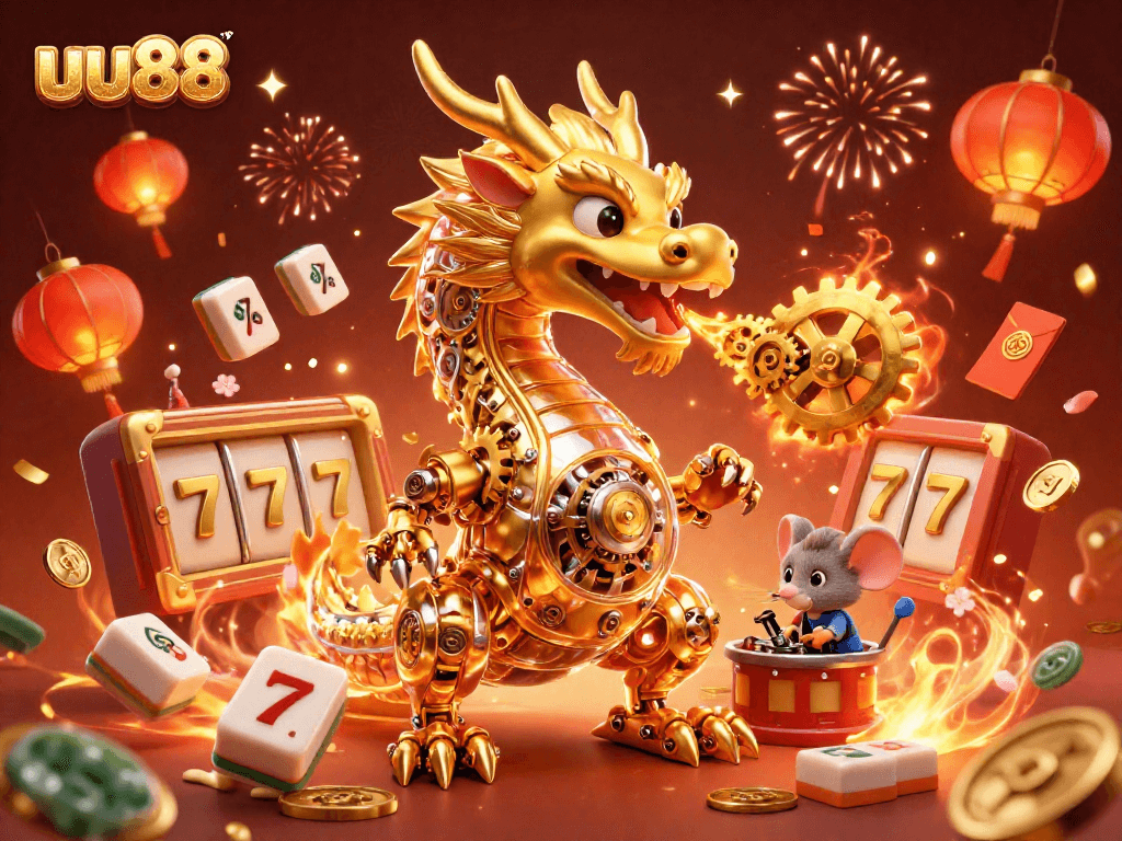 Join the excitement with uu88's golden dragon and festive slot elements in this vibrant casino illustration.