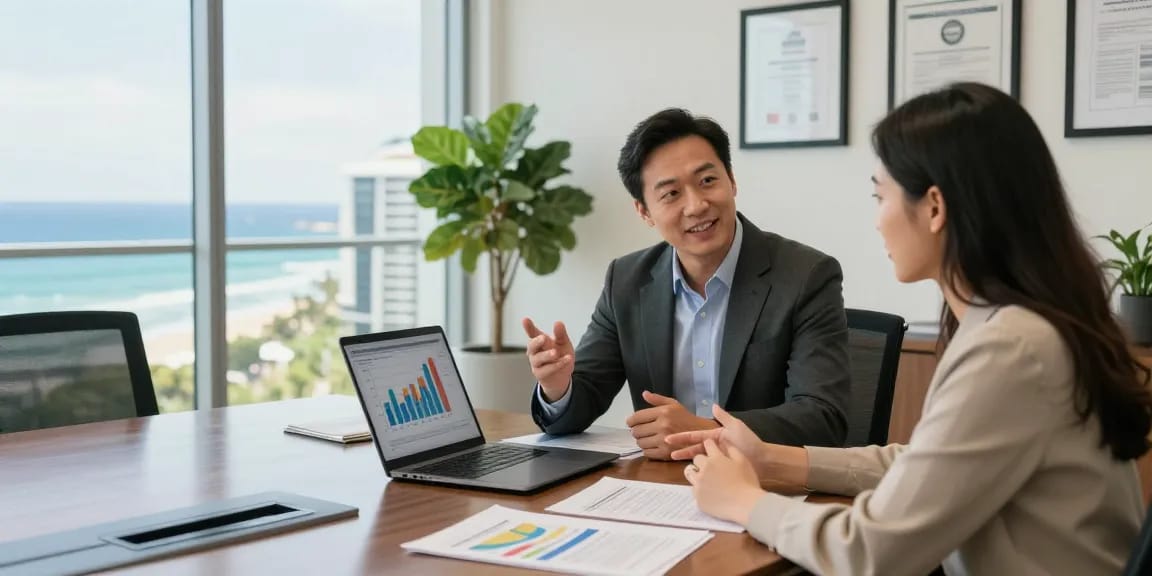 Wealth management consultation in Gold Coast Queensland Australia, advisor helping clients achieve financial goals.