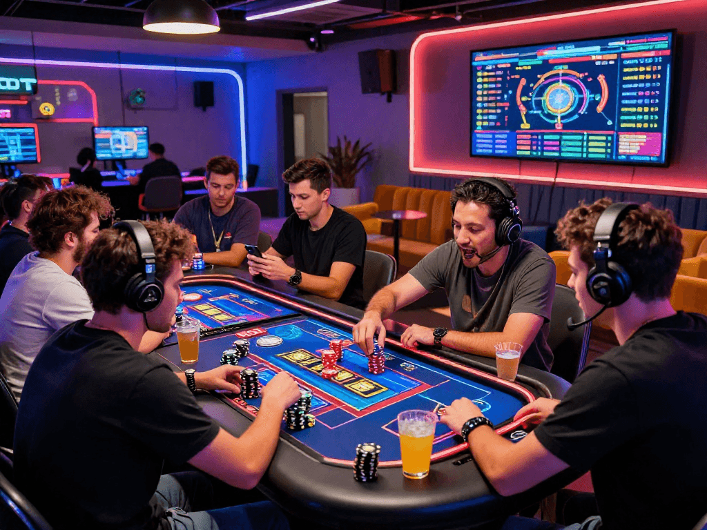 Exciting crypto casino scene with players engaged in gaming and vibrant neon atmosphere.