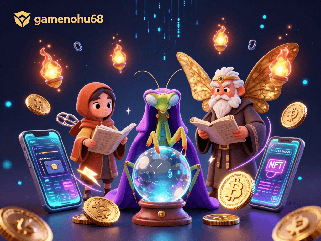 Engage with gamenohu68 through a magical casino scene filled with vibrant crypto elements.