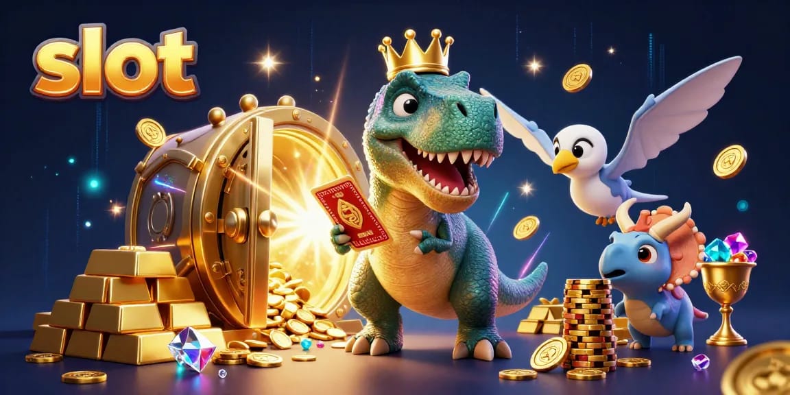 Spin the slot reels with a T-Rex, pterodactyl, and triceratops in this vibrant casino scene.