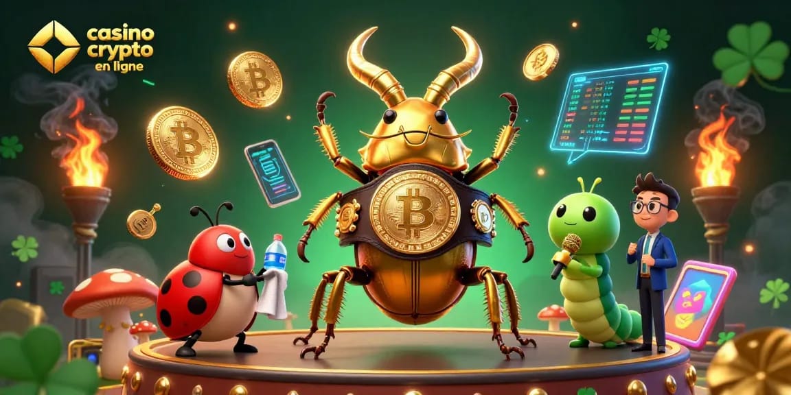 Plongez dans l'univers dynamique du casino crypto en ligne avec des personnages animés entourés de cryptomonnaies étincelantes.
