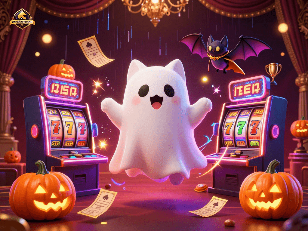 gamethuongnohu offers a thrilling view with ghost cat and vampire bat in a lively casino scene.