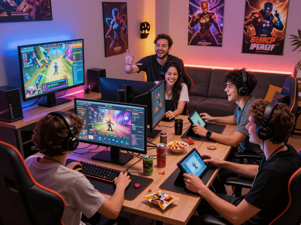 Friends enjoying a lively gaming night playing popular porn games on various devices.