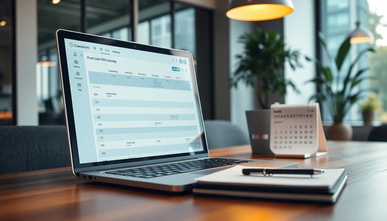 Optimize AI assistant SMS scheduling with a modern office setup and scheduling interface.