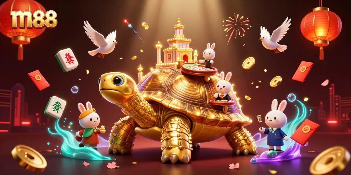 Experience thrilling wins with m88's vibrant illustration of a golden tortoise casino and dealer.