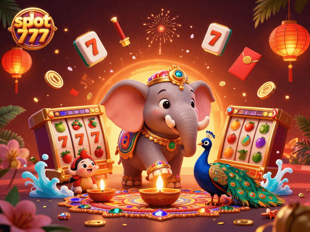 Engage with slot 777 in a vibrant 3D gambling scene featuring colorful cultural elements and slot symbols.