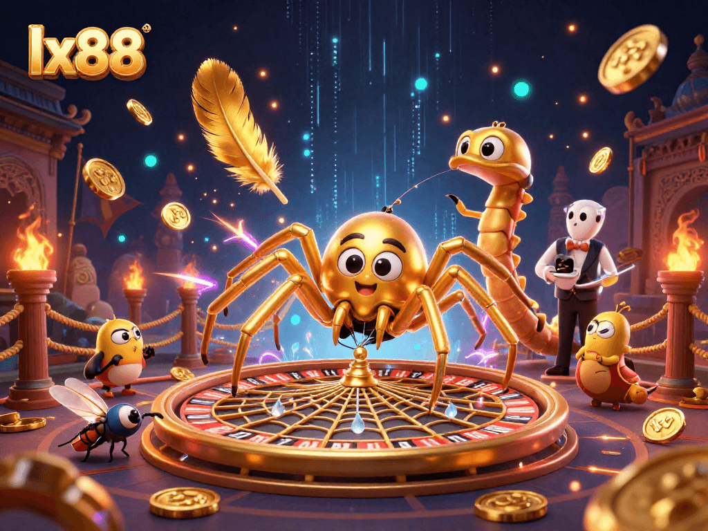 lx88 features a 3D spider and croupier in a vibrant casino web scene.