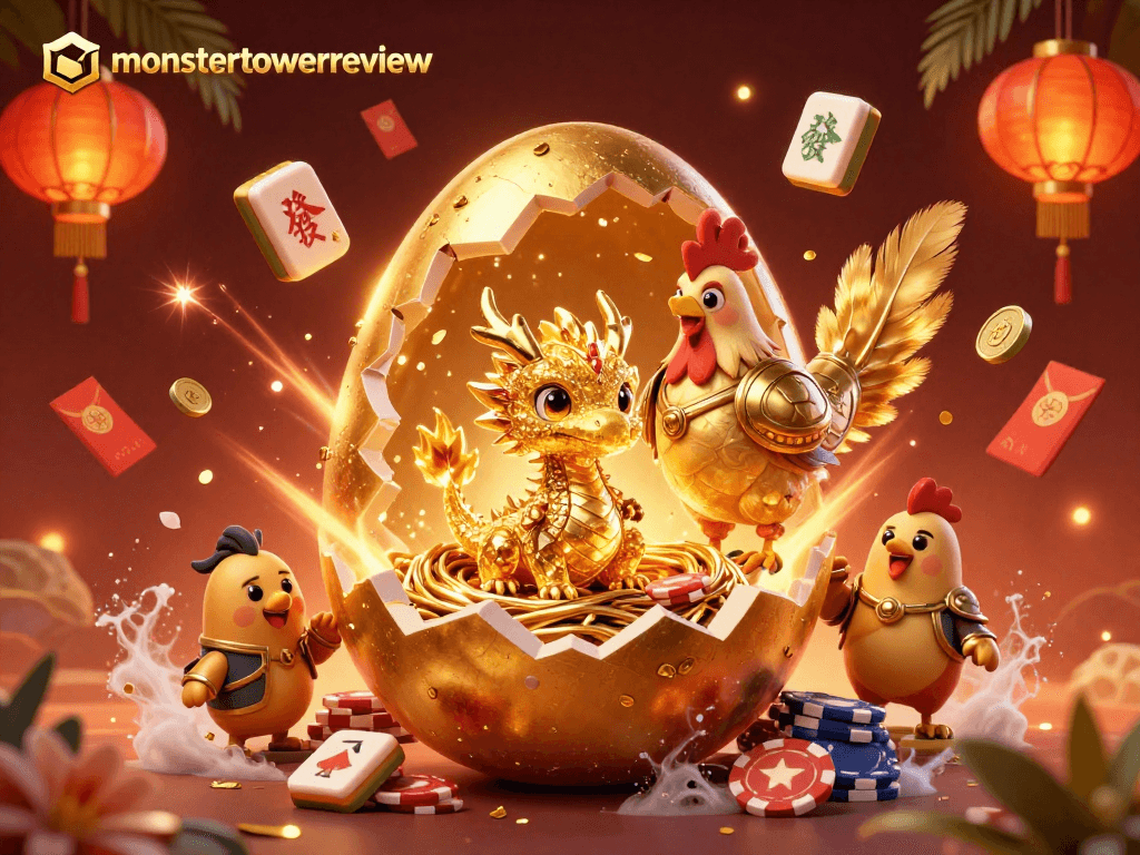 Enhance your gameplay with monstertowerreview's golden dragon mascot and vibrant casino elements.