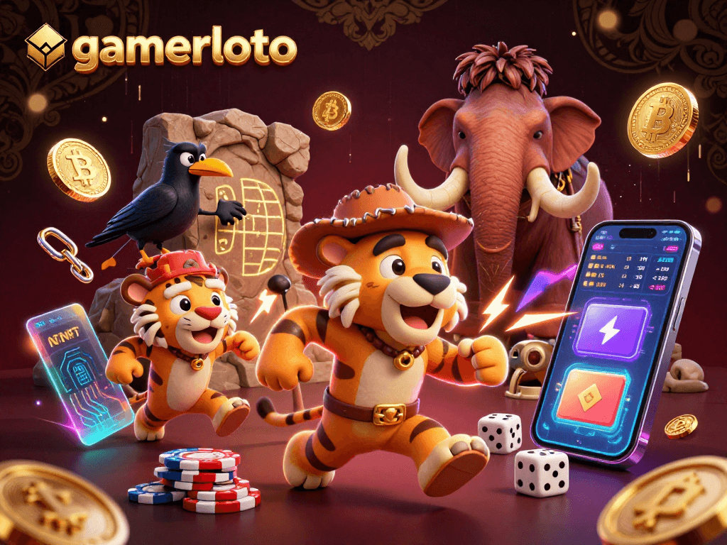 Engage with gamerloto's vibrant casino scene featuring a playful caveman duo and their clever crow companion.