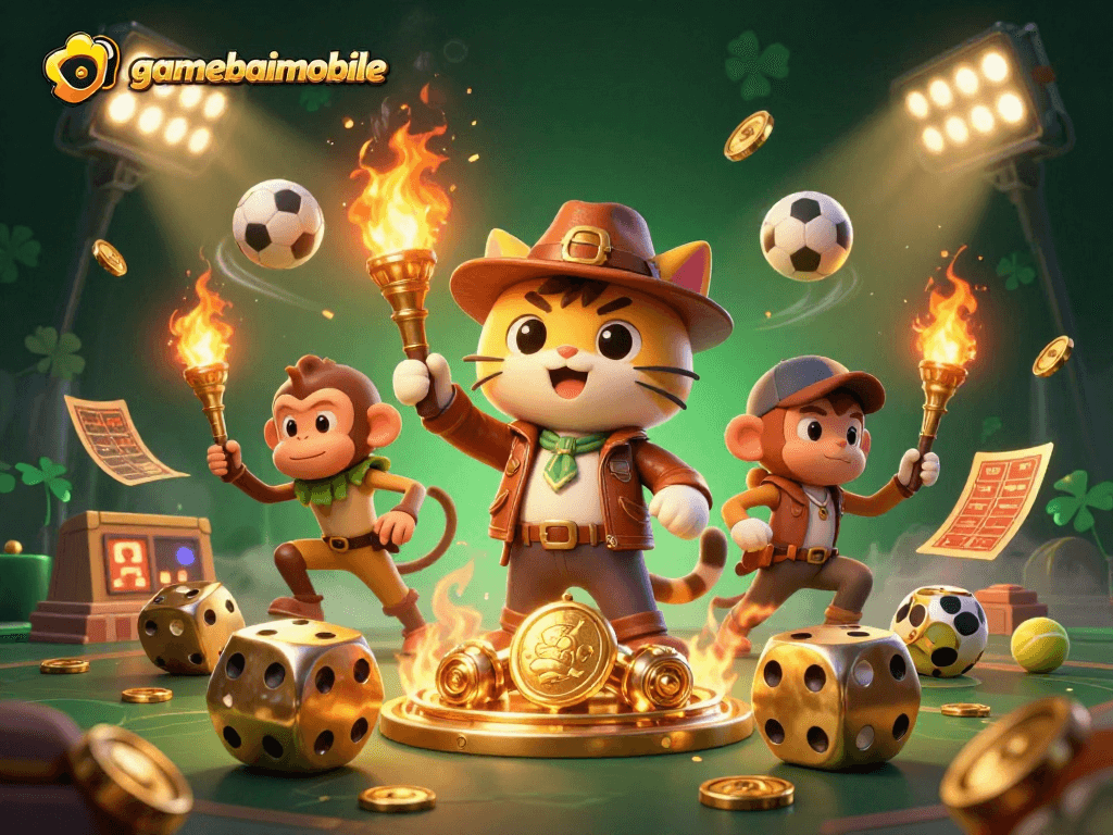 Experience excitement at gamebaimobile with a treasure-seeking cat and monkey in a dynamic casino setting.