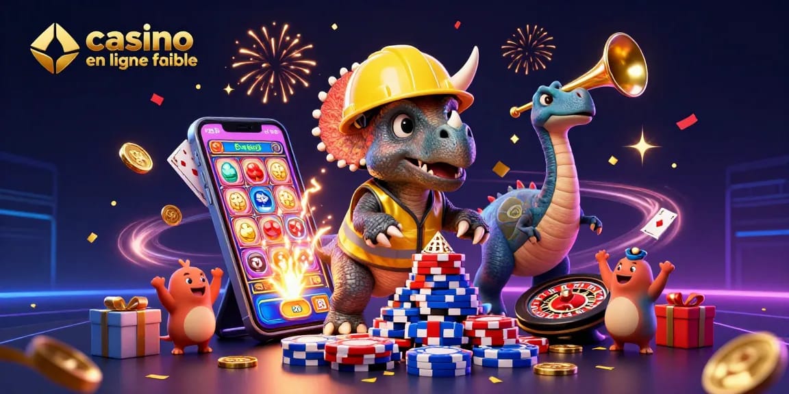 Rassemblement festif autour d'un casino en ligne fiable avec des personnages animés et des éléments de jeu.