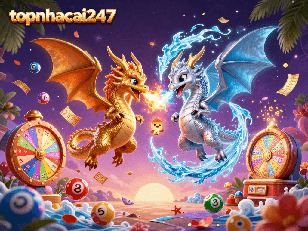 Join the excitement at topnhacai247 with dragons, vibrant lottery balls, and casino elements.