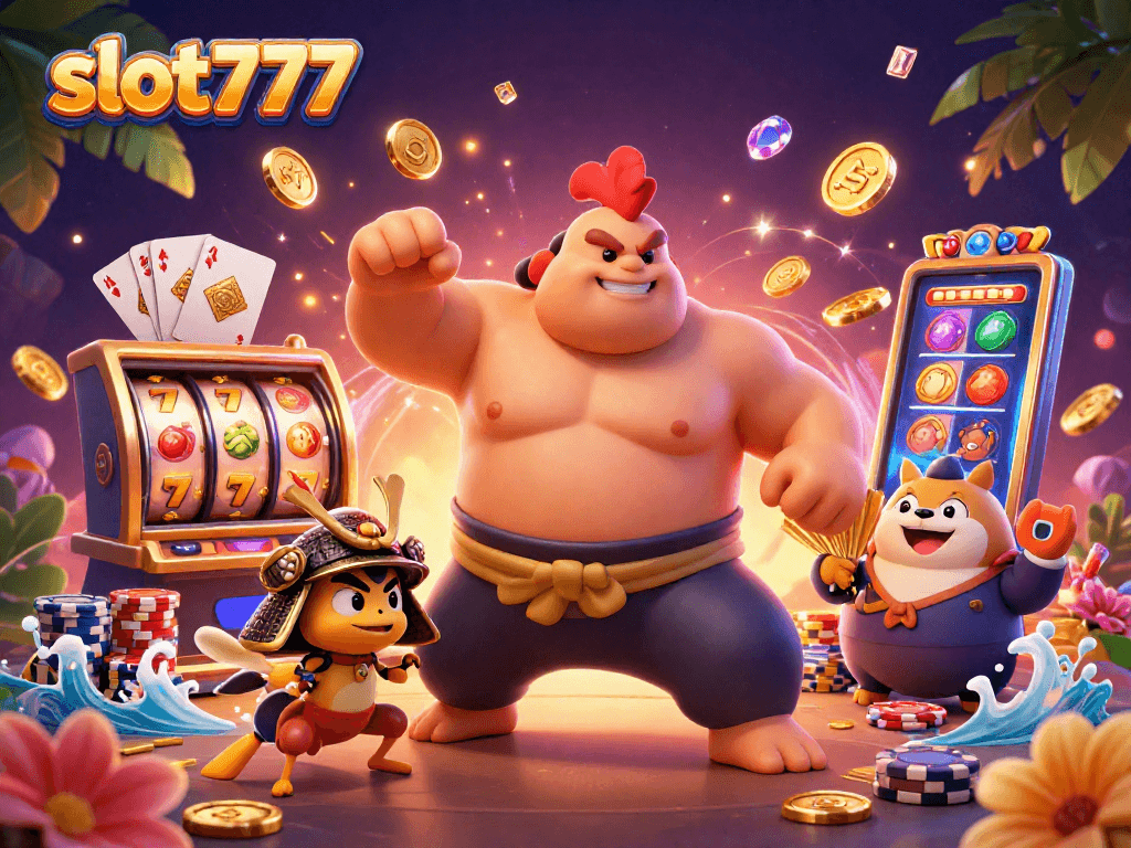 Play slot777 reels and win big with our dynamic casino illustration featuring vibrant characters and glamorous elements.