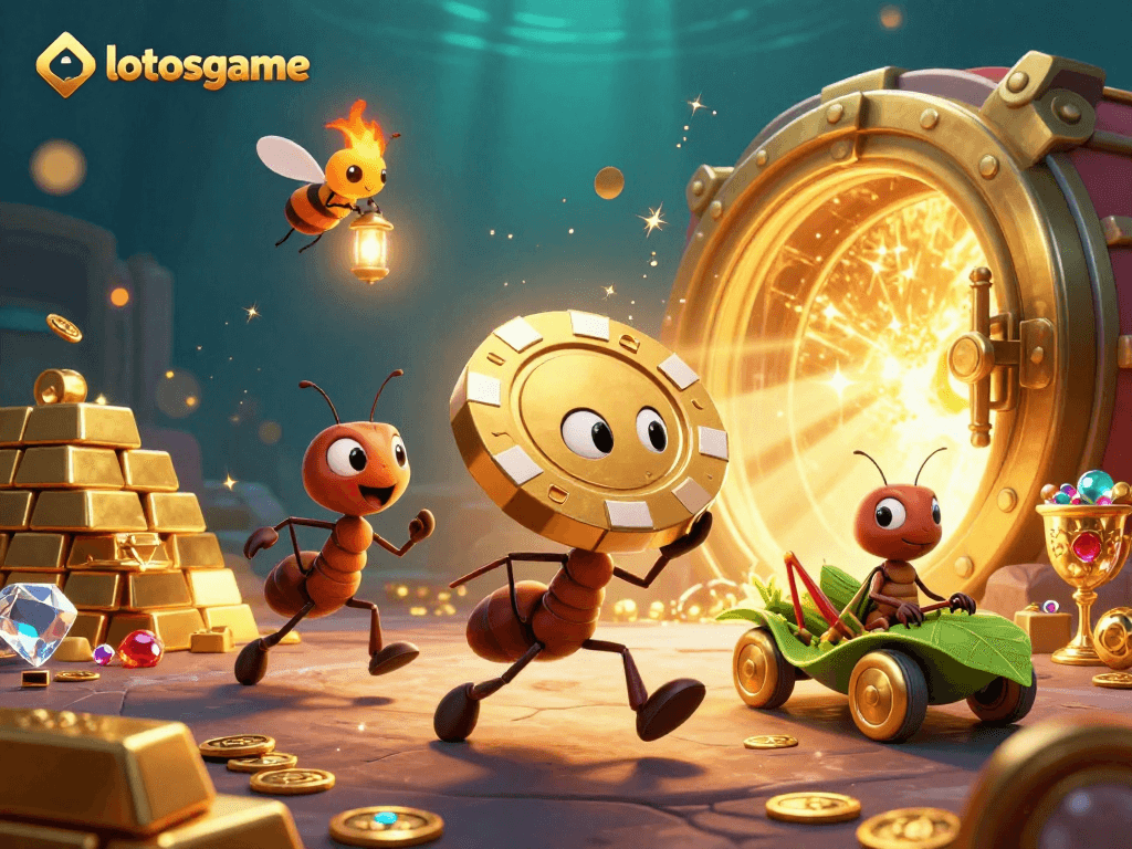 Ants heist carrying a golden poker chip in a vibrant scene showcasing lotosgame action.