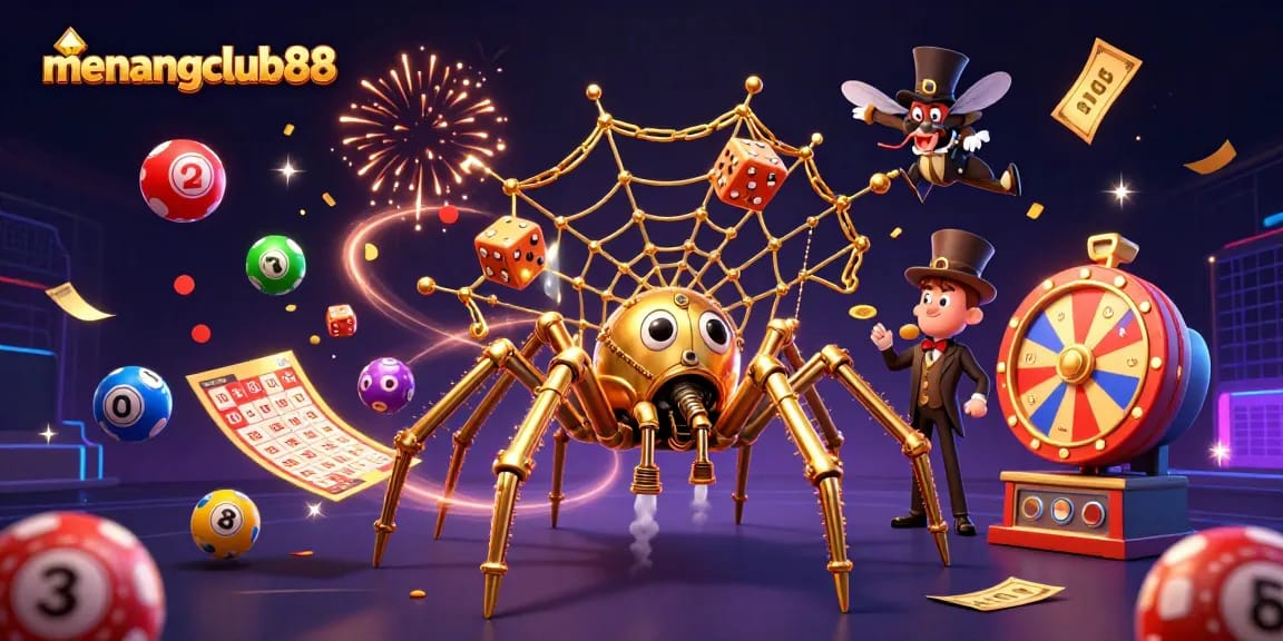 Join the fun at menangclub88 with a steampunk spider capturing dice and lottery balls in a vibrant casino scene.