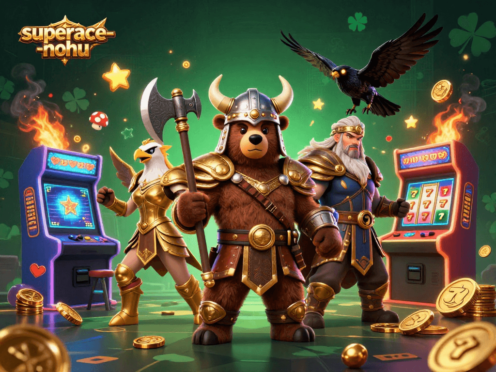 Engage with superace-nohu as cute Viking bear battles in a vibrant casino arcade.
