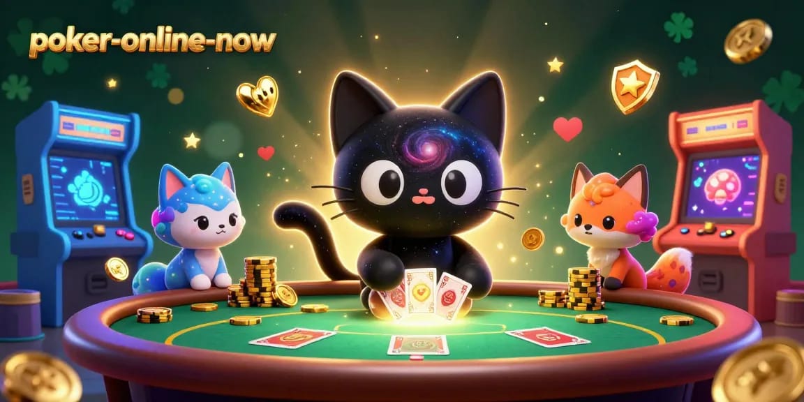 Engage with poker-online-now at a vibrant cosmic poker table with a black hole cat and nebula fox.