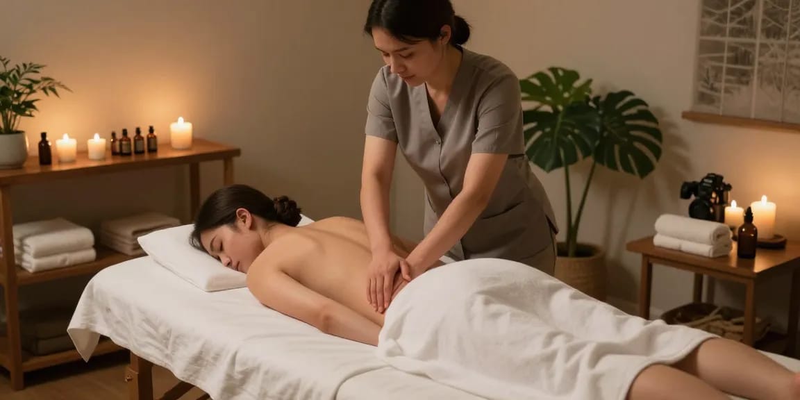 마사지를 받고 있는 편안한 고객과 아늑한 마사지 치료실 모습