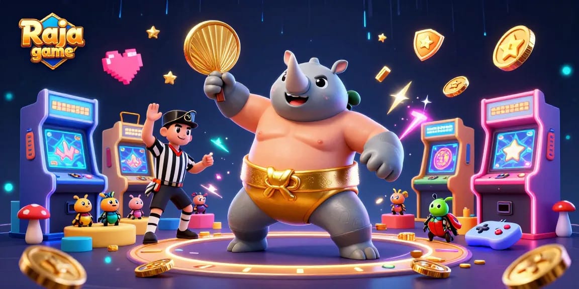Engage in the thrilling Raja game with an exciting scene of a beetle champion amid coins and game machines.
