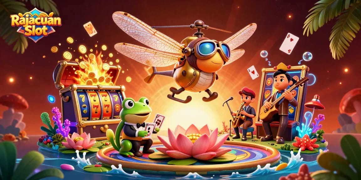 Permainan Rajacuan Slot tampil menarik dengan karakter piloting dan dealer membagikan kartu.