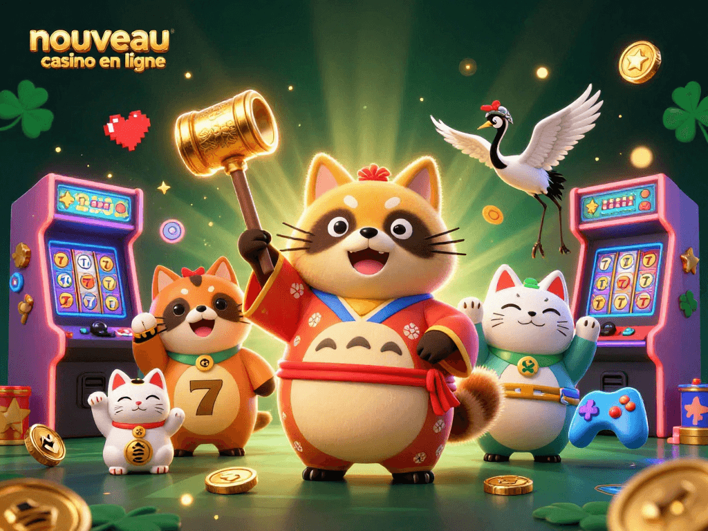 Illustration de nouveau casino en ligne avec un tanuki, un crane et un maneki-neko entourés de machines à sous.