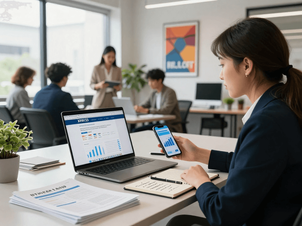 Upline Income strategies in a modern workspace with XPAY33 official site displayed on laptop.